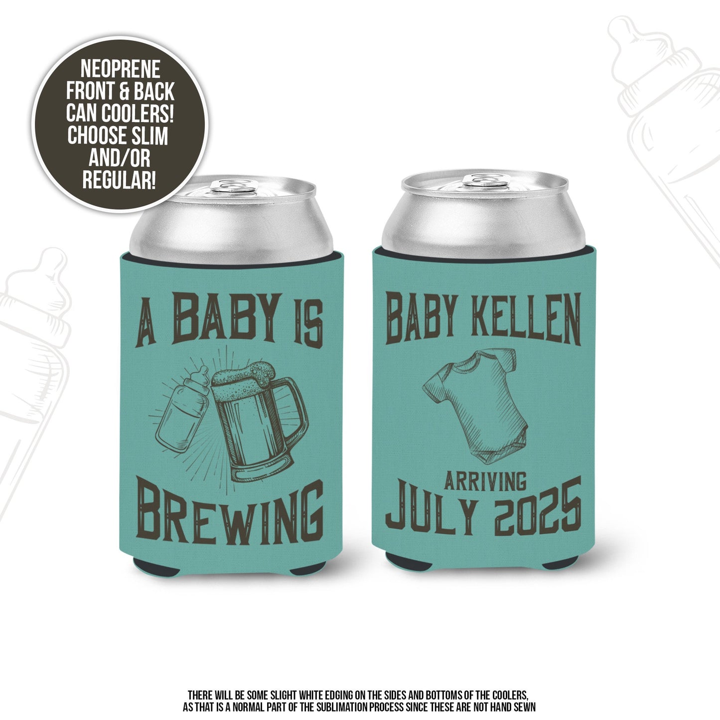 Baby shower can coolies | baby brewing personalized beverage insulators | baby shower slim or regular can size party favors MCC-050