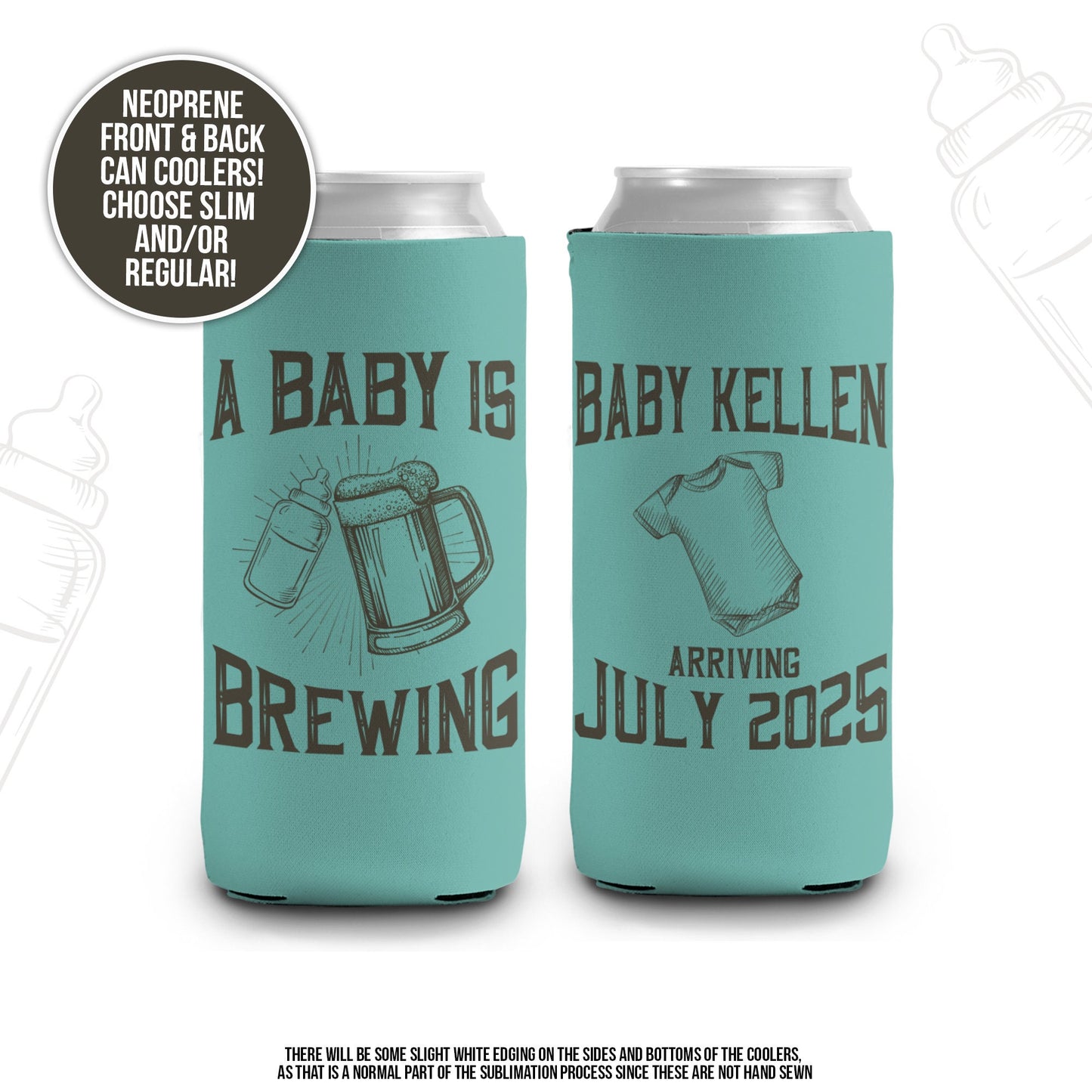 Baby shower can coolies | baby brewing personalized beverage insulators | baby shower slim or regular can size party favors MCC-050