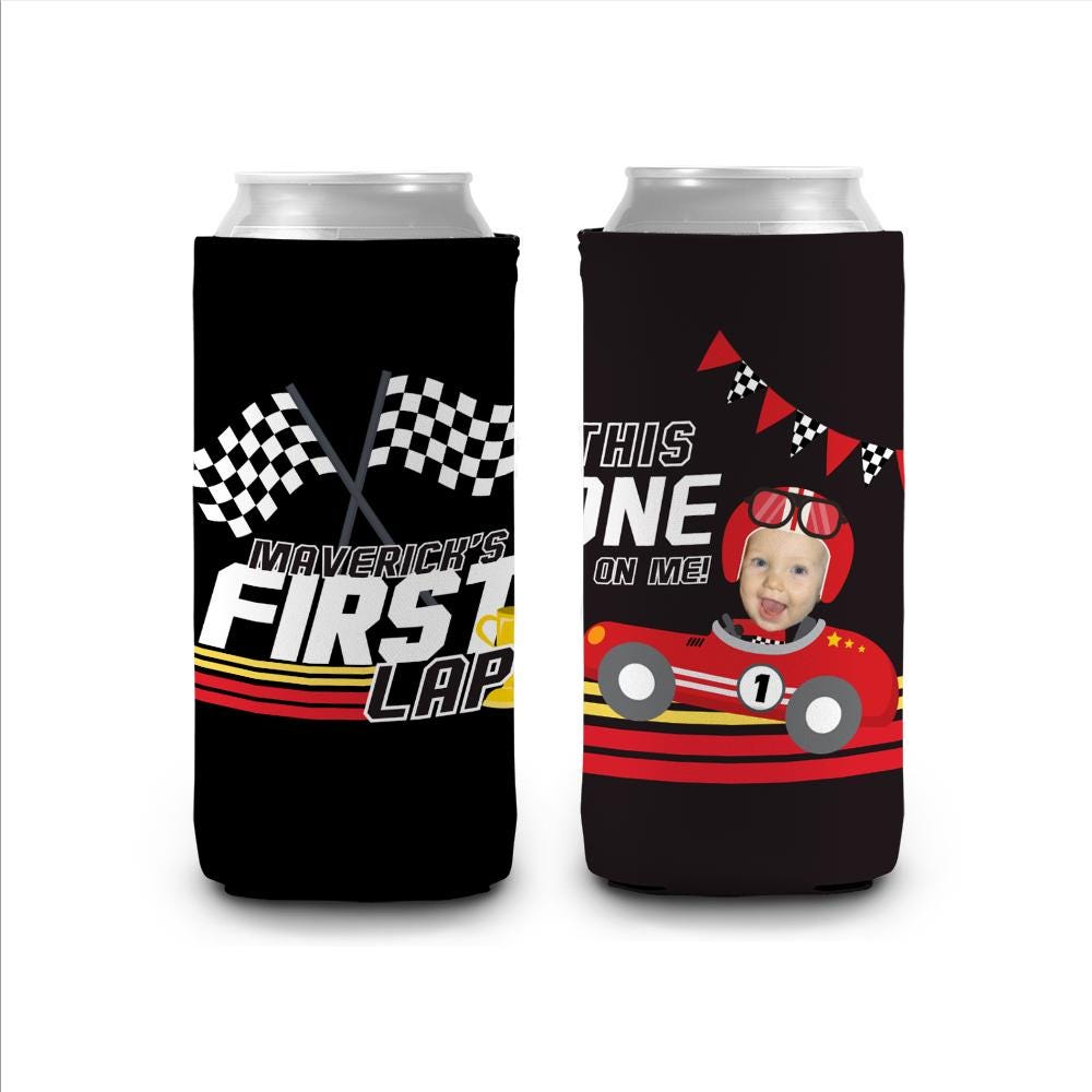 Racecar First Birthday Can Coolers – Funny Face Photo “First Lap” Kids Race Car Party Favor This ONE’s On Me Slim or Regular Can Coolie