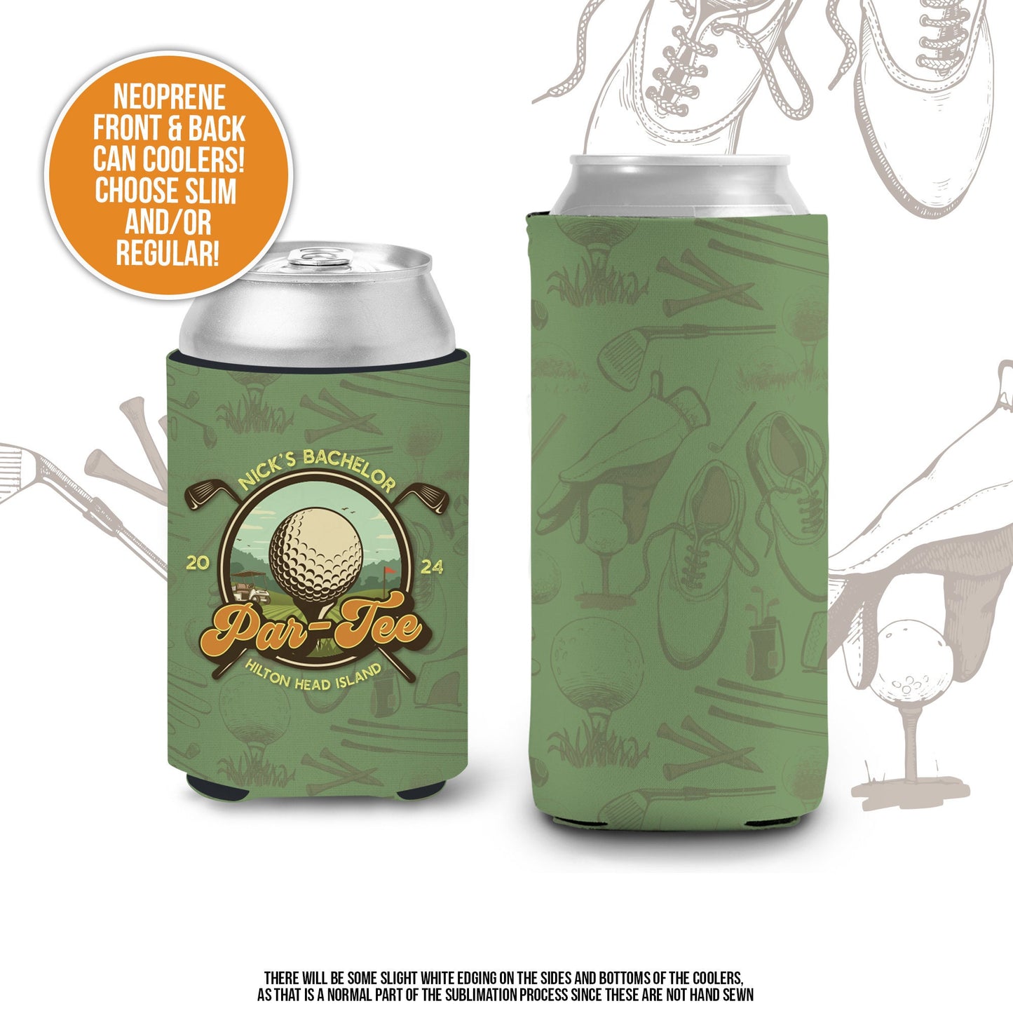 Golf Bachelor party can coolies | personalized golf trip bachelor par-tee beverage insulator | slim or regular can size golf party favors MCC-307