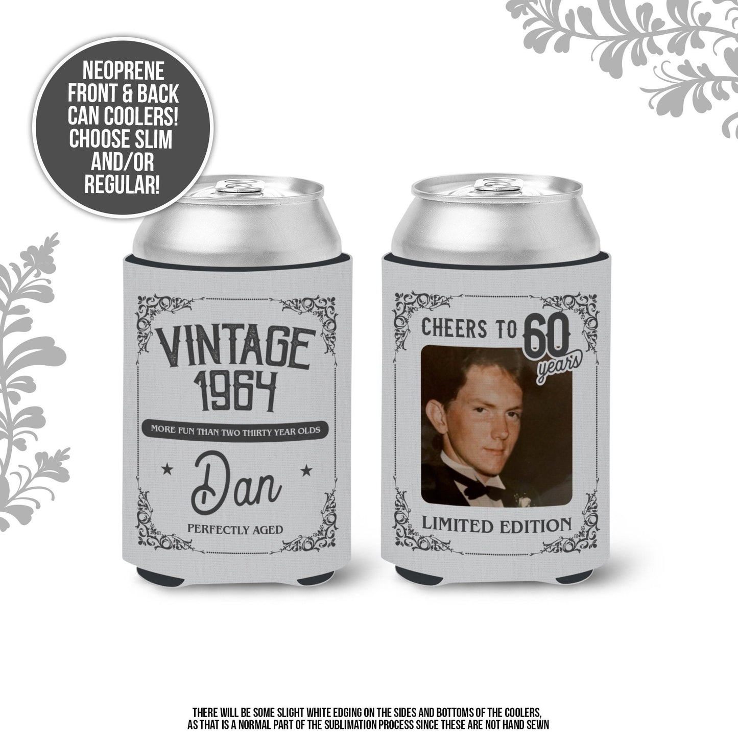 60th birthday photo can coolie | limited edition cheers to 60 years personalized slim or regular can cooler | any age party favor MCC-055