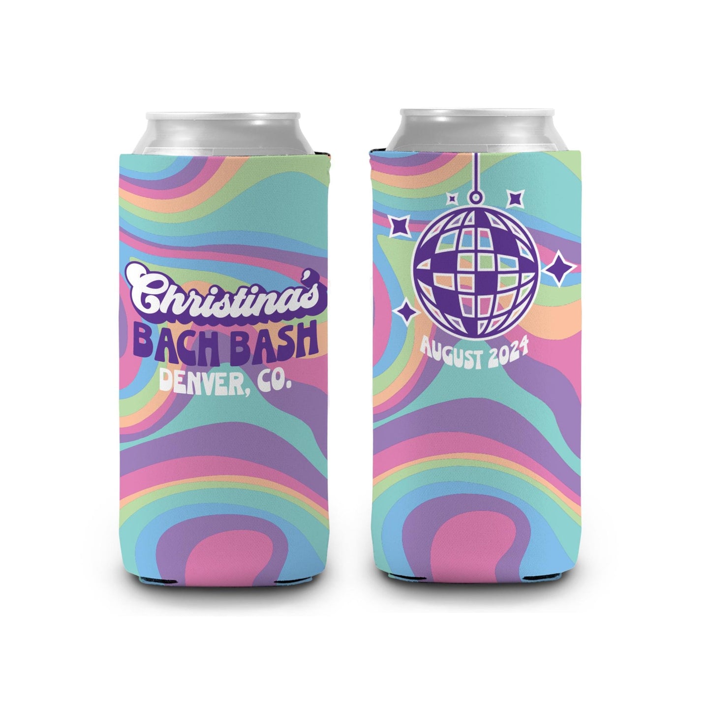 disco groovy colorful bachelorette can coolies wavy colors personalized custom bachelorette party favors can coolers hugs regular or slim