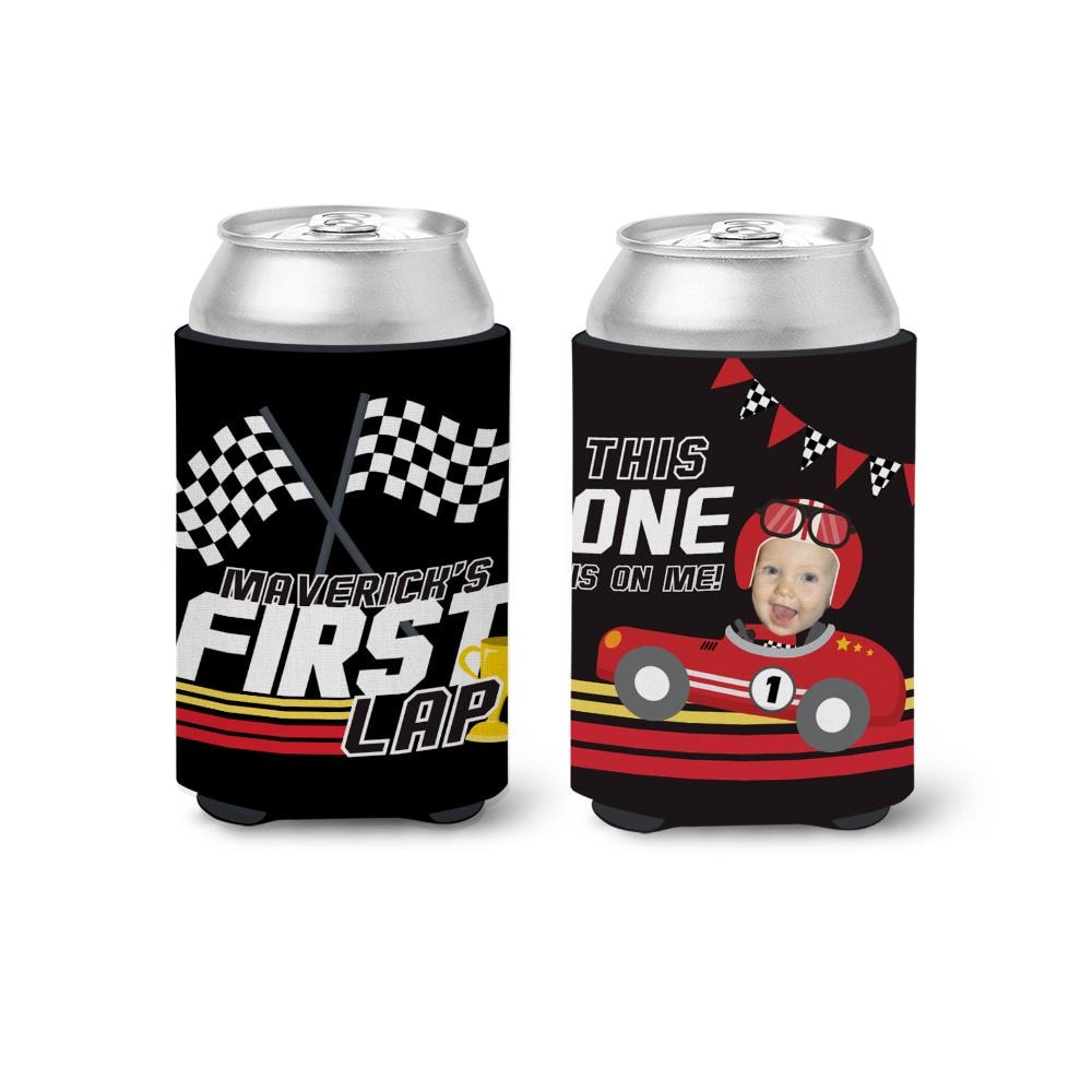 Racecar First Birthday Can Coolers – Funny Face Photo “First Lap” Kids Race Car Party Favor This ONE’s On Me Slim or Regular Can Coolie