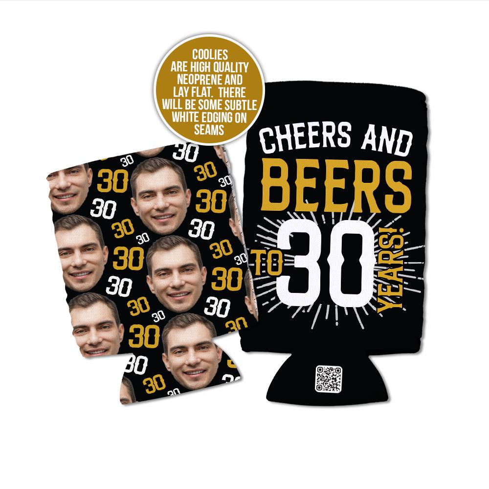 cheers and beers to 30 years custom face can coolies with age and face 30th 40th 50th 60th birthday party can coolie favors