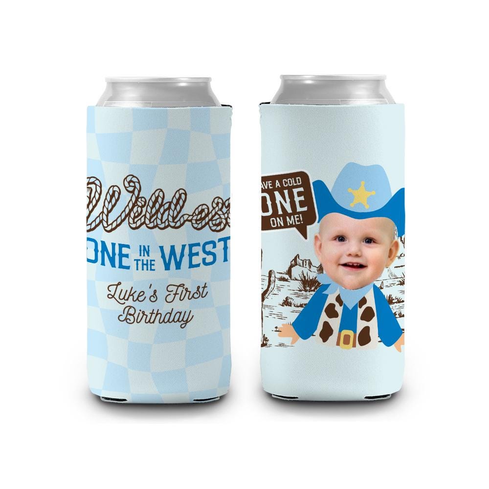 Wildest ONE in the West Boy Cowboy Birthday Can Coolie Funny Face Photo First Birthday Western Theme – This ONE’s On Me Slim Regular Coolie