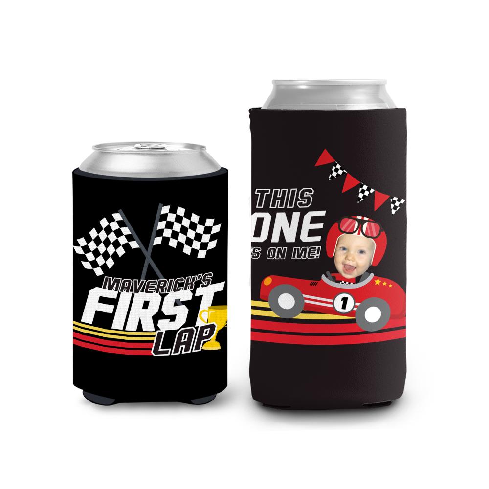 Racecar First Birthday Can Coolers – Funny Face Photo “First Lap” Kids Race Car Party Favor This ONE’s On Me Slim or Regular Can Coolie
