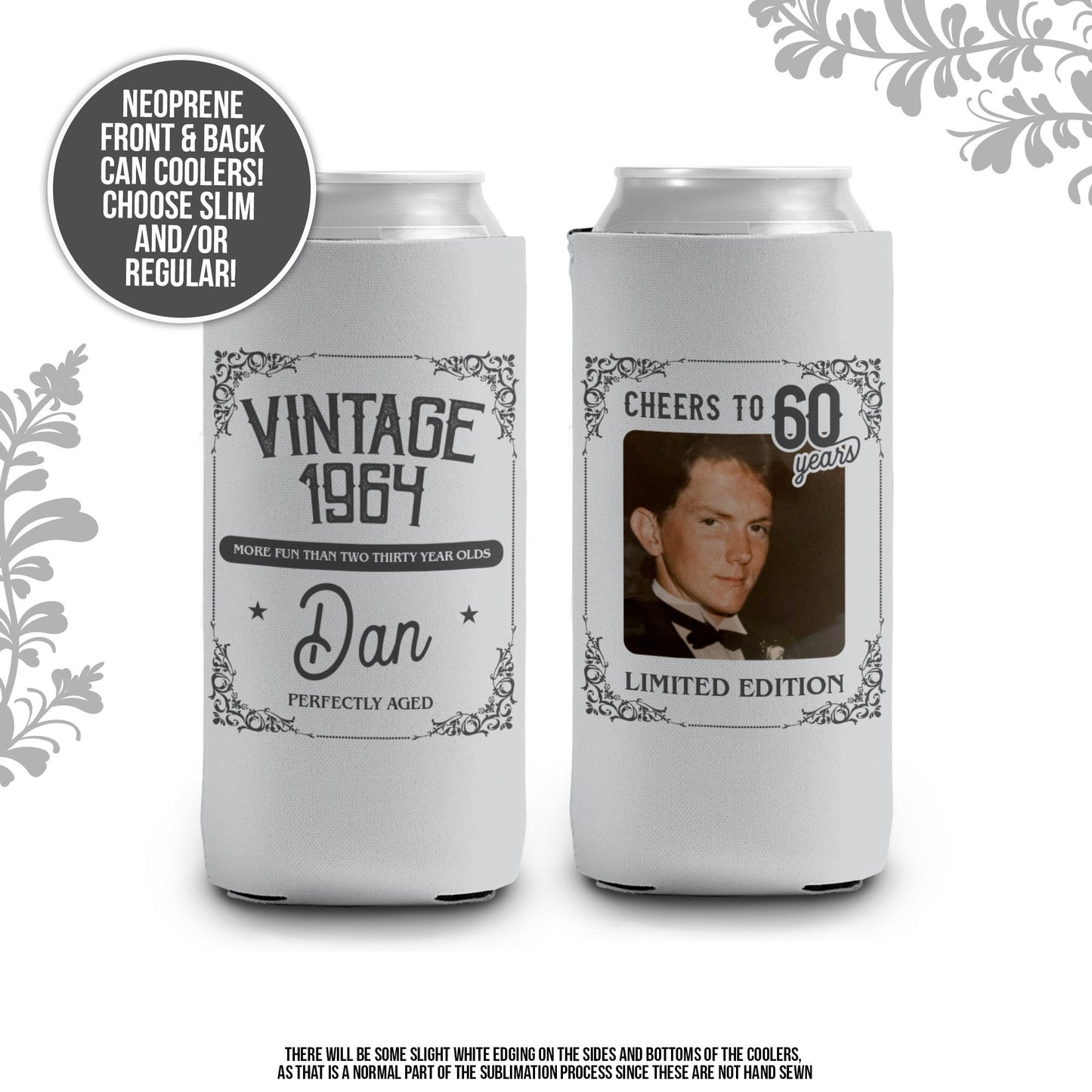 60th birthday photo can coolie | limited edition cheers to 60 years personalized slim or regular can cooler | any age party favor MCC-055
