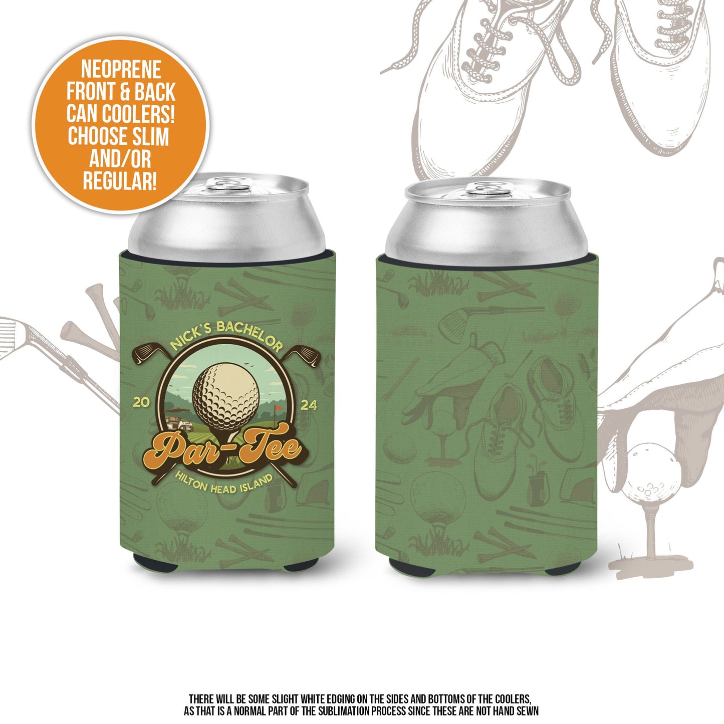 Golf Bachelor party can coolies | personalized golf trip bachelor par-tee beverage insulator | slim or regular can size golf party favors MCC-307