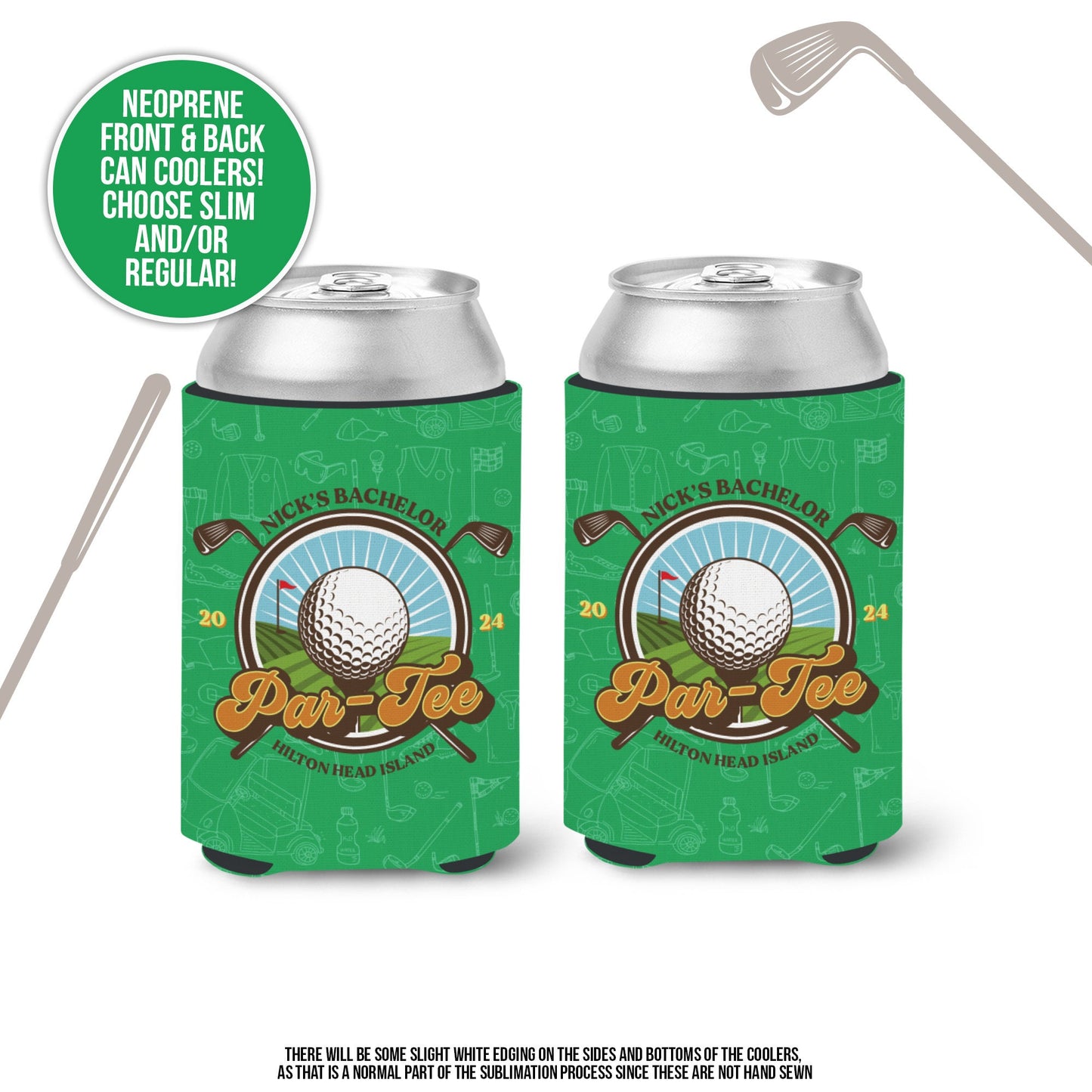 Bachelor party can coolies | personalized golf trip bachelor par-tee beverage insulator | slim or regular can size golf party favors MCC-173