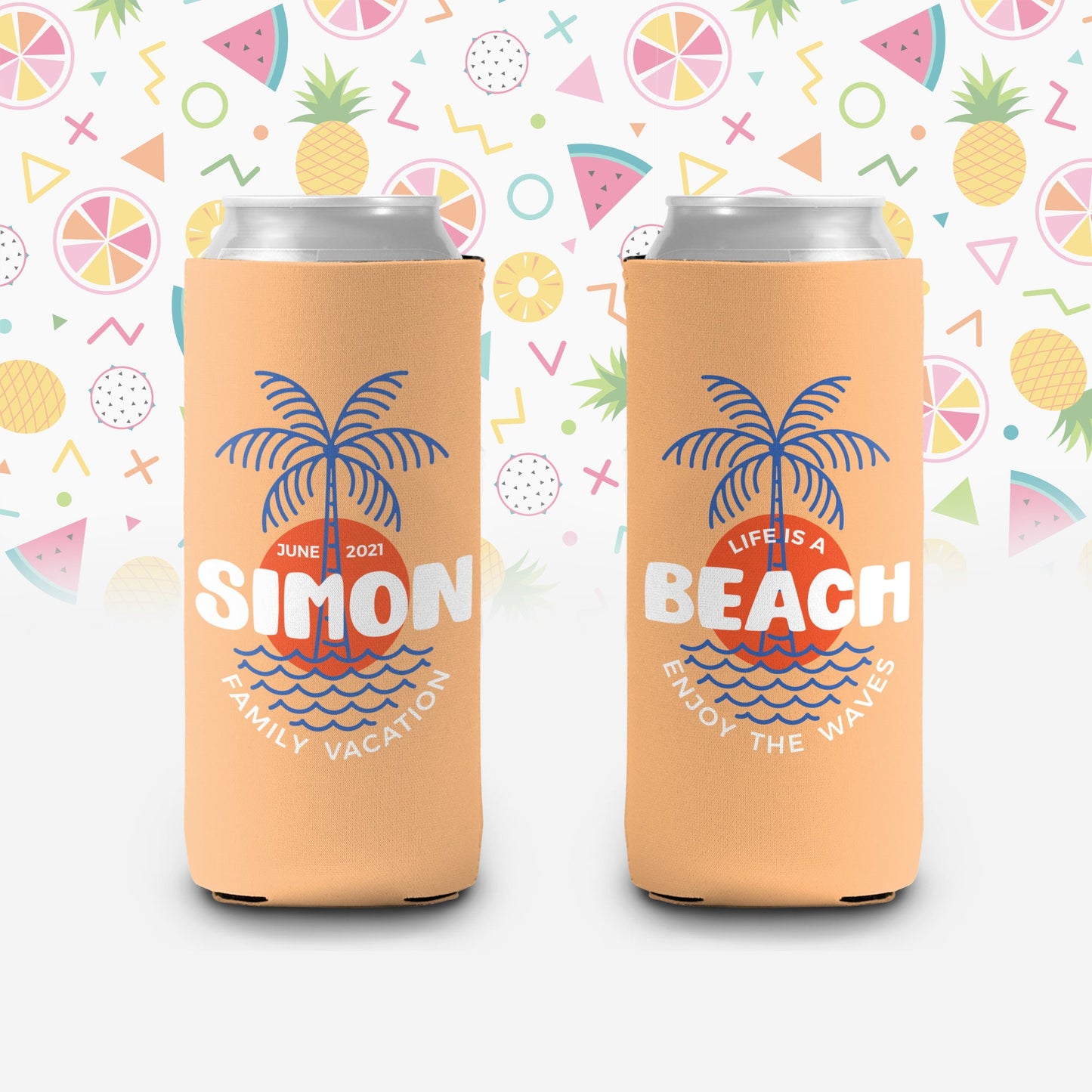 Vacation can coolies | life is a beach family vacation can coolers | enjoy the waves personalized slim or regular size can coolies  MCC-158