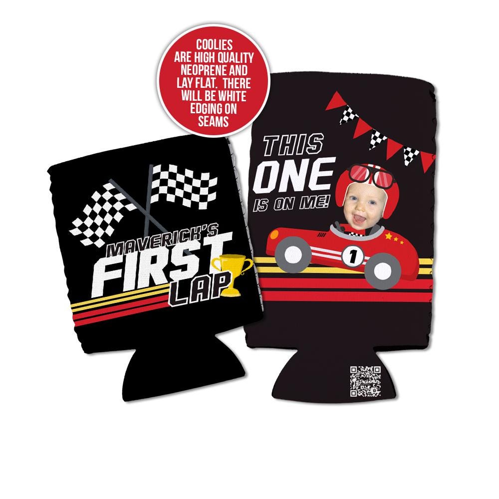 Racecar First Birthday Can Coolers – Funny Face Photo “First Lap” Kids Race Car Party Favor This ONE’s On Me Slim or Regular Can Coolie
